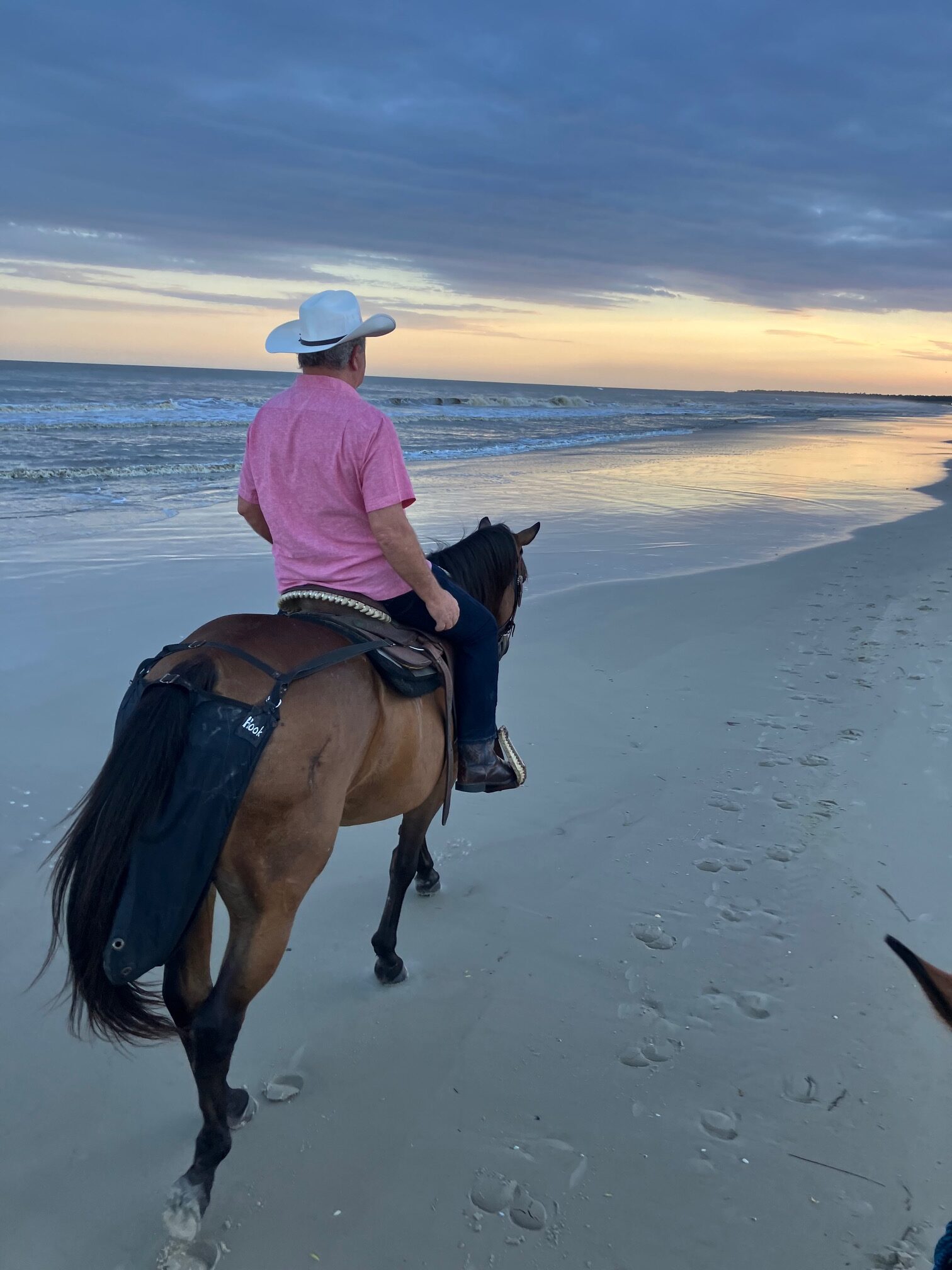 Person riding a horse along a beach at sunset.